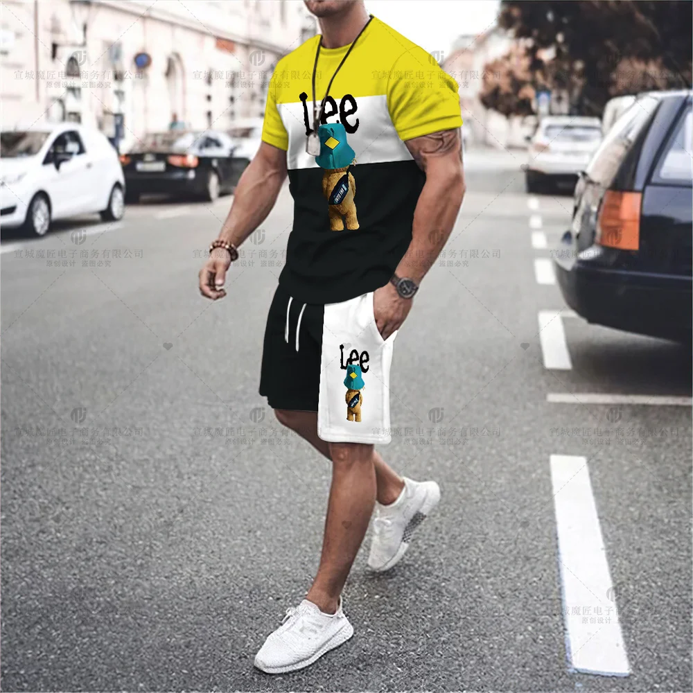 Summer 2023 Luxury Brand Men's T-shirt Shorts Oversized Short-Sleeved Cartoon Bear Print Casual Loose Top Shorts Two-Piece Set