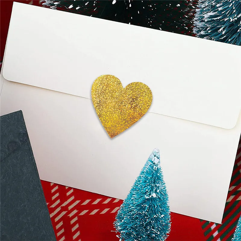 1/1.5inch 100-500pcs Holographic Laser Heart Gift Stickers for Valentine's Day Gold Sparkling Labels Wedding Party Love |