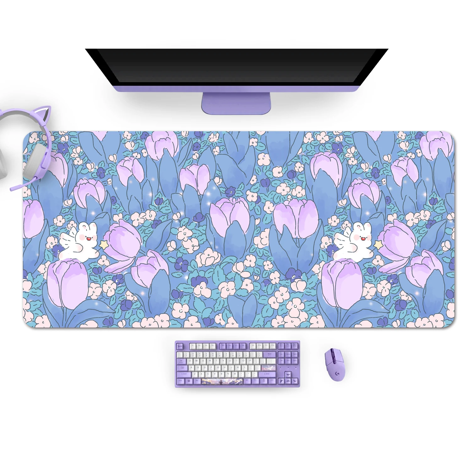 Extra Large Kawaii Purple Gaming Mouse Pad Cute Tulips Flower Bunny XXL Desk Mat Water Proof Nonslip Laptop Desk Accessories