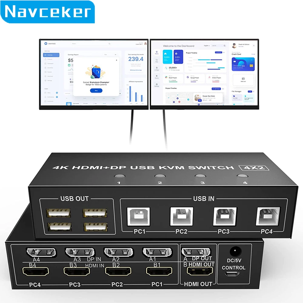 2023 4-портовый HDMI KVM переключатель 4X2 двойной монитор 4K @ 60Гц Расширенный дисплей DP USB KVM переключатель 4 в 2 выход для 4 ПК Share клавиатура мышь