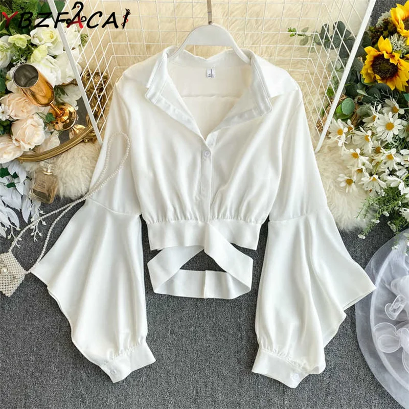 

Solid Color V-Neck Long Sleeve White/Black Women Blouse Office Summer Hollow Elastic Belt Top Women Fall Casual Simple Shirt