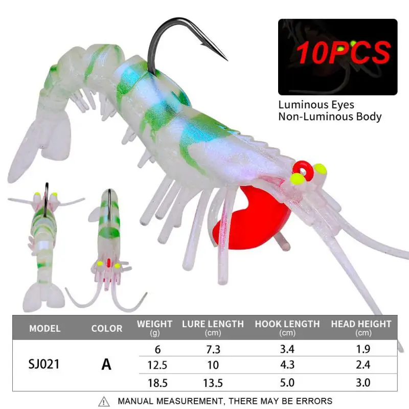 

10PCS Luminous Eyes Silicone Shrimp Baits 6g 13g 19g Bionic Soft Prawn Lures Metal Jig Head Sinking Swimbait Wobbler Jigging