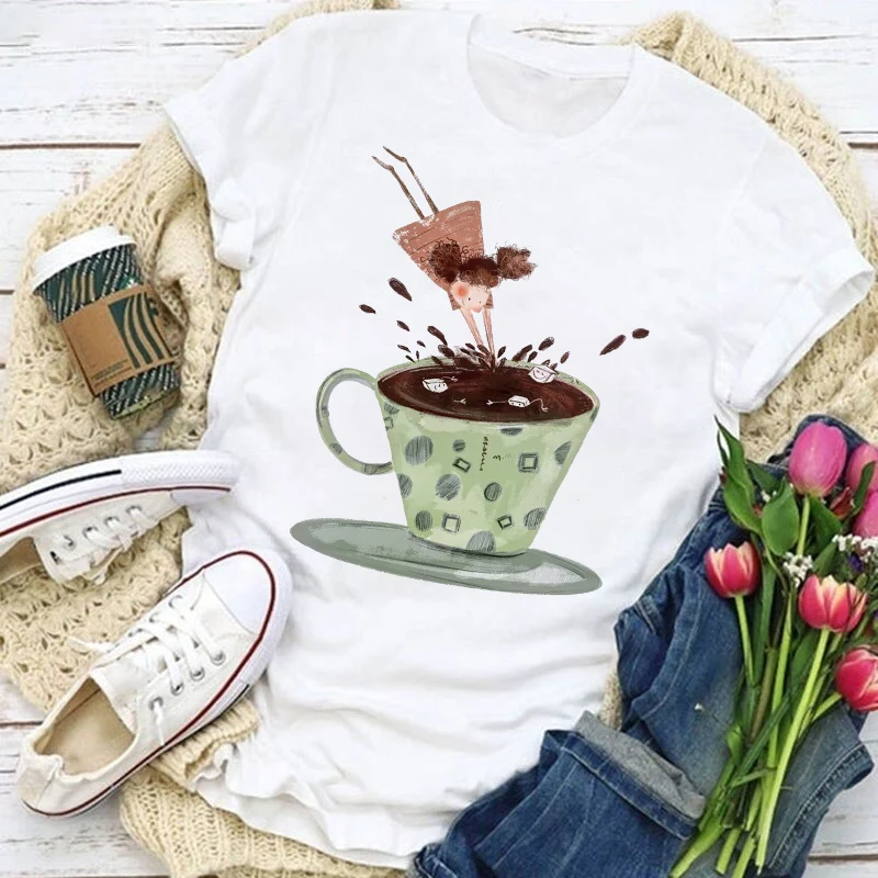 

Women's T-shirts Coffee First Print T-shirt Female T Shirt Women Harajuku Tops Simple Clothing Casual Tshirt New Cup Pattern