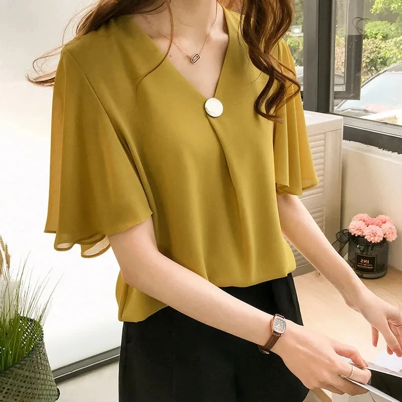 Ruffle Short Sleeve Yellow Blouses Women White Chiffon Tops Sweet Red Office Shirts Korean Ladies Fashion Blouse Blusas Mujer