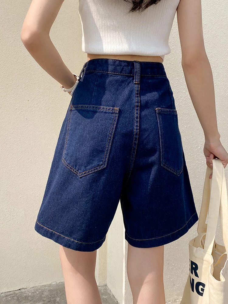 New Spring Summer Women Button Adjust Waist Loose Denim Shorts Casual Female High Waist Wide Leg Jeans Shorts Bottoms