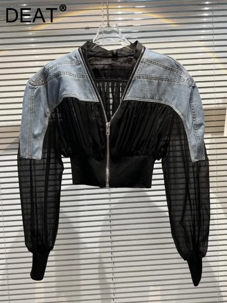 

DEAT 2022 new summer fashion women clothes V-neck full sleeves zippers spliced denim contrast colors jacket short parka WW66305L