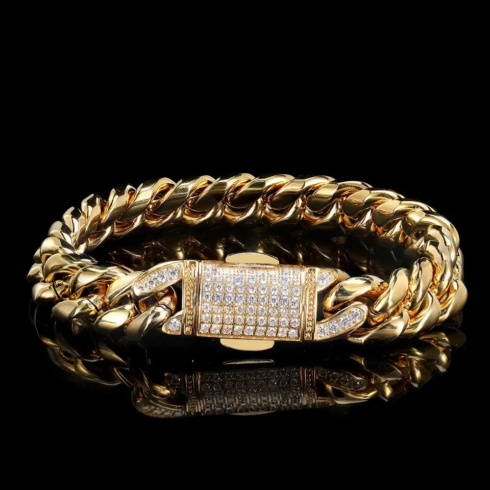 

12mm Hip Hop Jewelry Miami Gold Plated Stainless Steel Cuban Bracelets for Men