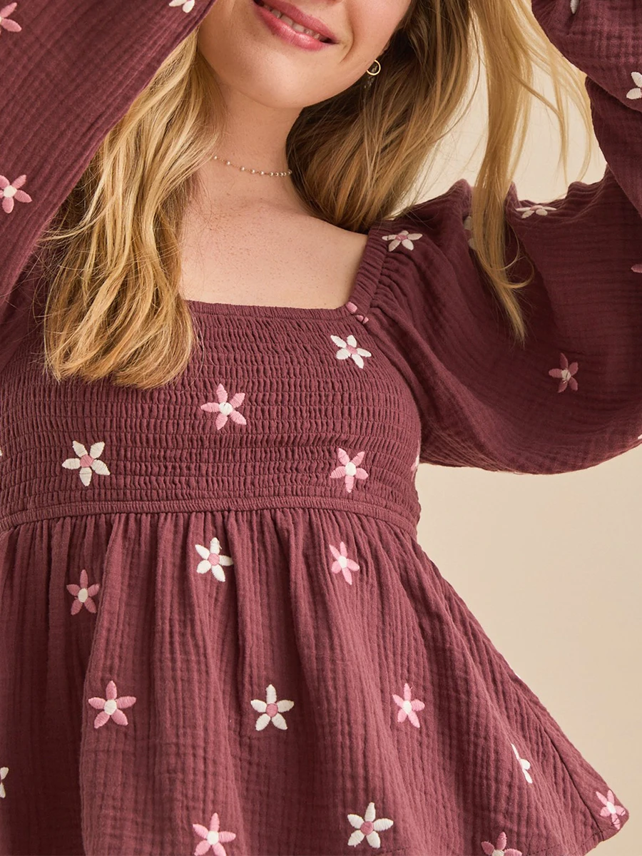 Женские модные футболки с цветочной вышивкой длинные рукава воздушным шаром