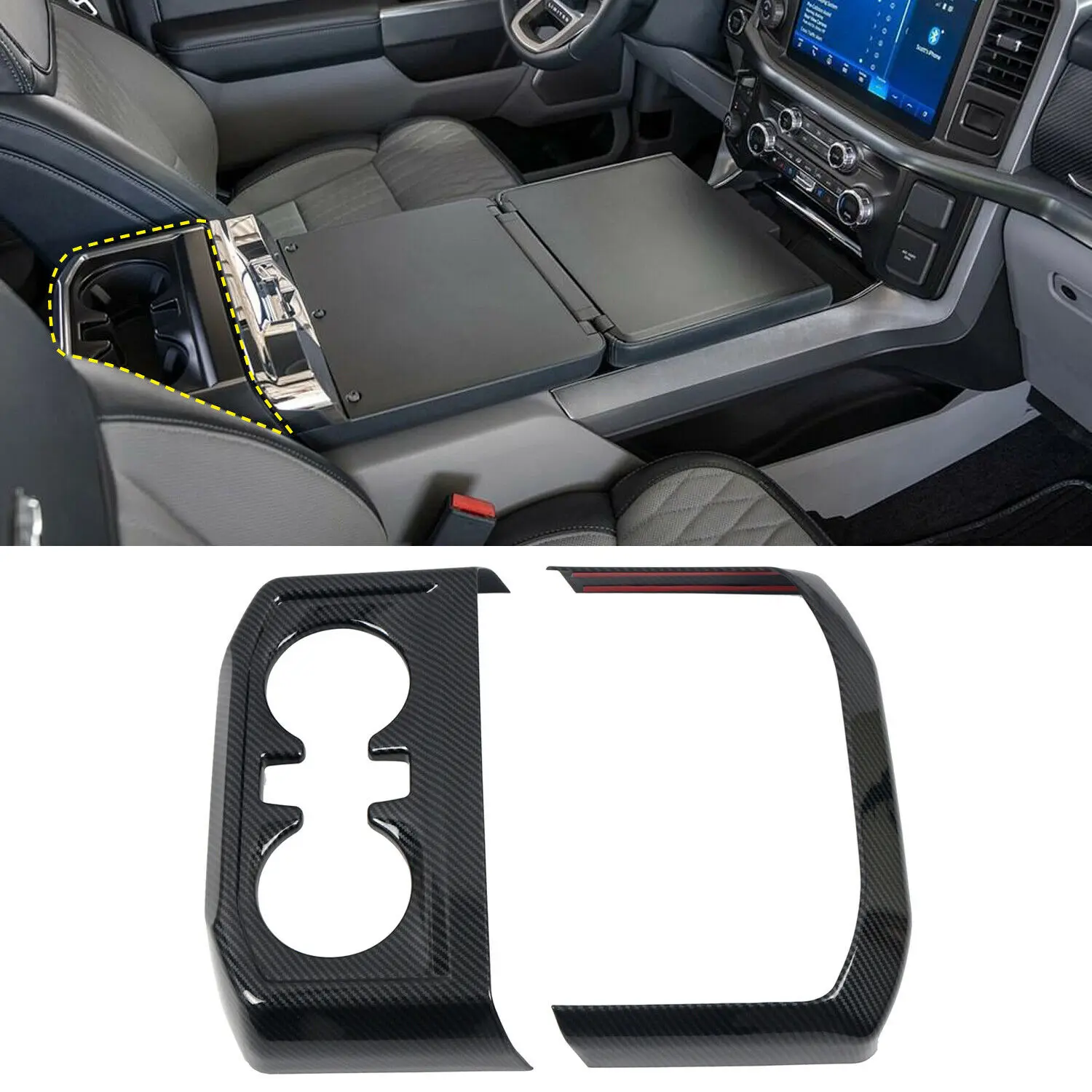 

Carbon Fiber Inner Rear Water Cup Holder Cover 2pcs For Ford F150 F-150 2021-22