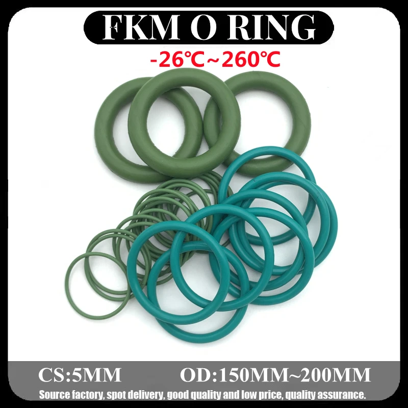 

2Pcs FKM Fluorine Rubber O Ring Sealing Gaskets Thickness CS 5mm OD 150 ~ 200mm Insulation Oil High Temperature Resistance Green