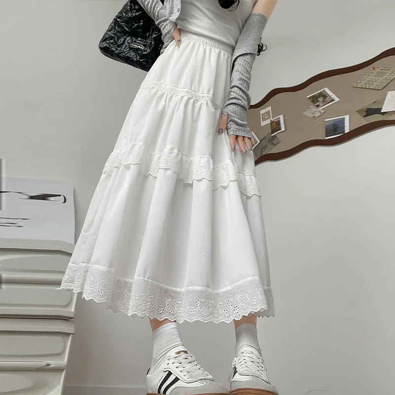 Женская кружевная юбка белая драпированная с высокой талией весна-лето 2024