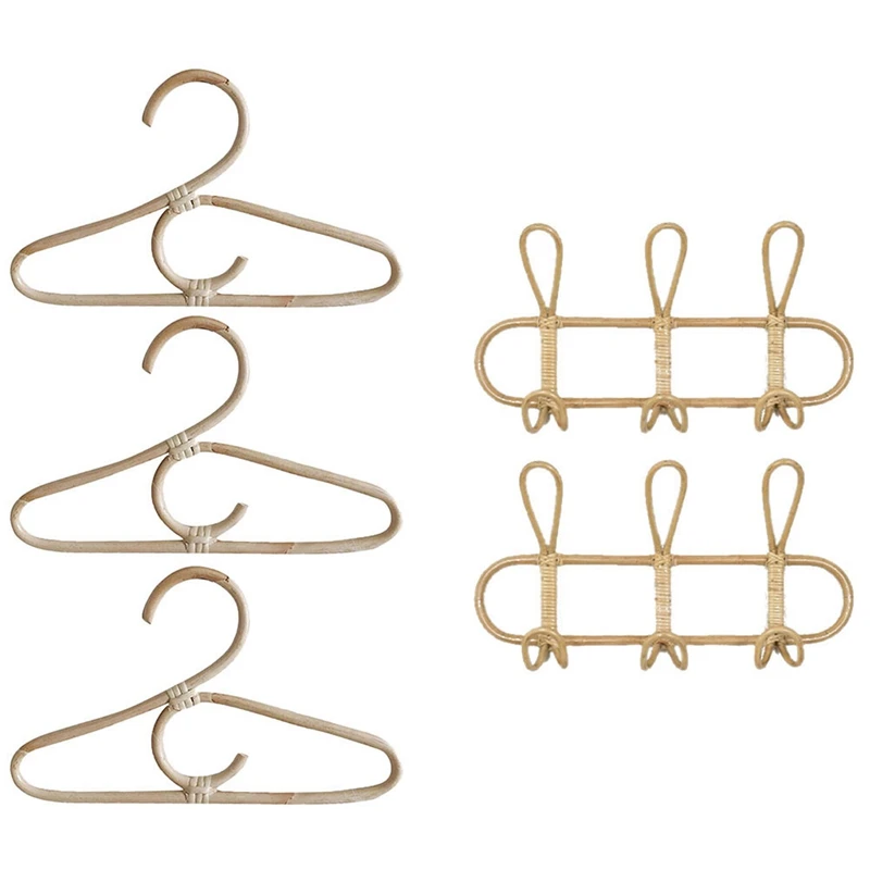 

3Pcs Rattan Clothes Hanger Style Kids Garments Organizer Rack With 2Pcs Rattan Wall Hooks Clothes Hat Hanging Hook