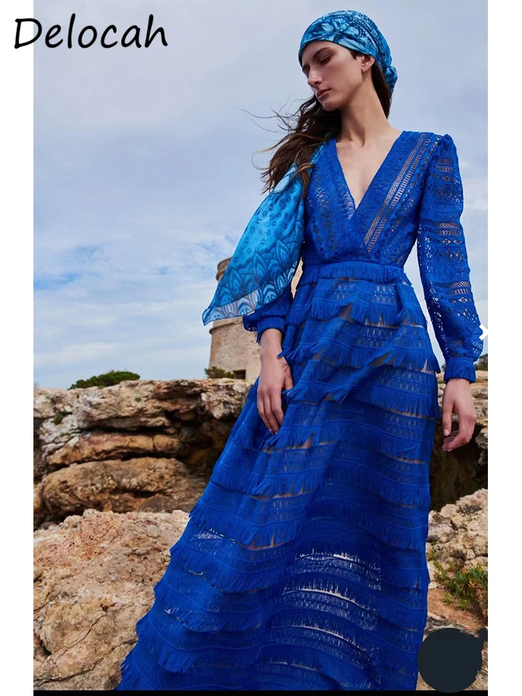 

Delocah высококачественное осеннее женское модное дизайнерское вечерние платье миди с рукавами-фонариками голубое платье с бахромой