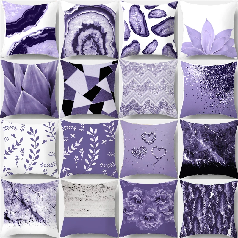 

Heart Ornament Purple Geometric Pillowcase Peach Skin Ins Style Cushion Cover Marble Aloe Vera Plant Home Decor 45x45cm