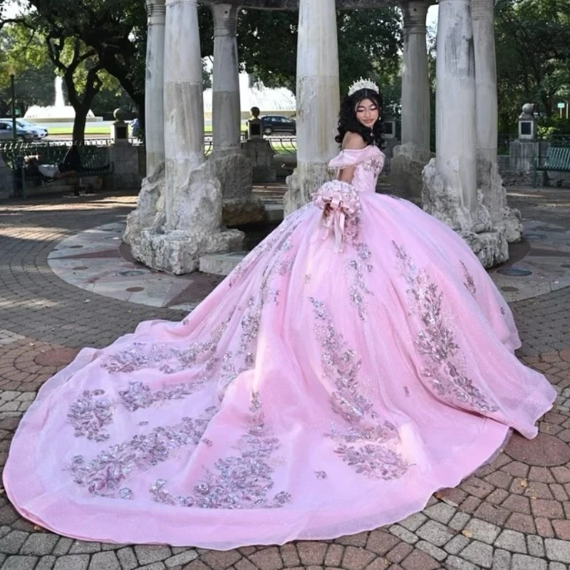 Розовое блестящее бальное платье Quinceanera платья с блестками аппликациями