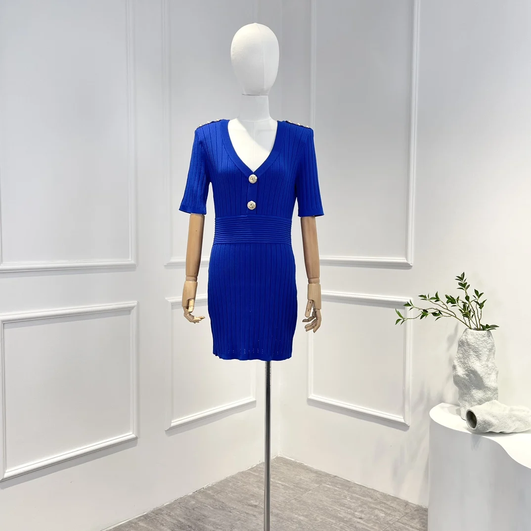

High Quality Blue Half Sleeve Button Bodycon Ribbed Knitted Sweater Sheath Elegant Mini Lady Dress
