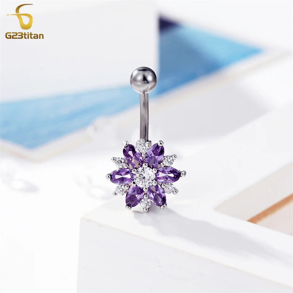 Чарм Пурпурный циркон Цветок Navel Кольцо 14G 6 - 14 мм Титановая штанга Перфорация