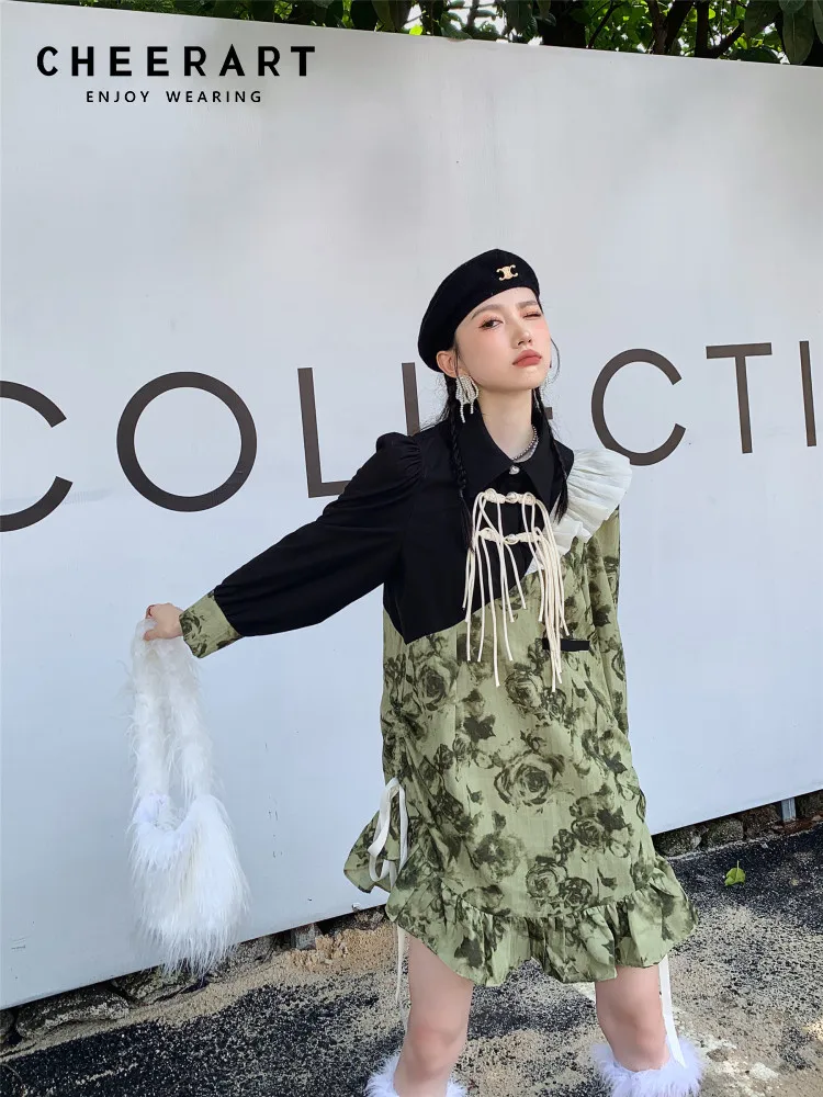 

CHEERART Ruffles Patchwork Long Sleeve Shirt Dresses For Women 2022 Fall Floral Designer Bow Tassels Collar Mini Dress Clothes
