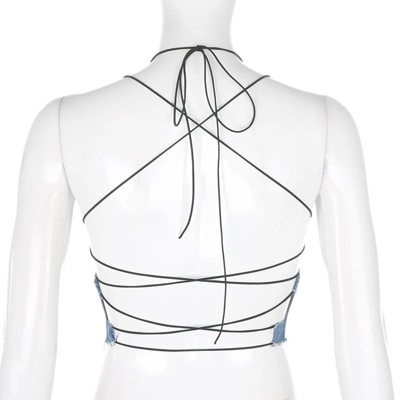 Женский джинсовый топ с открытой спиной синий укороченный облегающий Топ