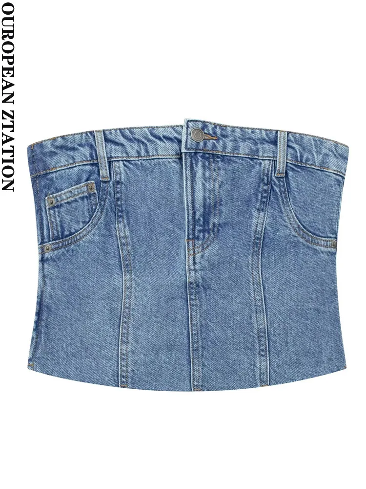 

PAILETE Women 2023 fashion strapless denim bustier tops sexy exposed shoulders front zip female camis mujer