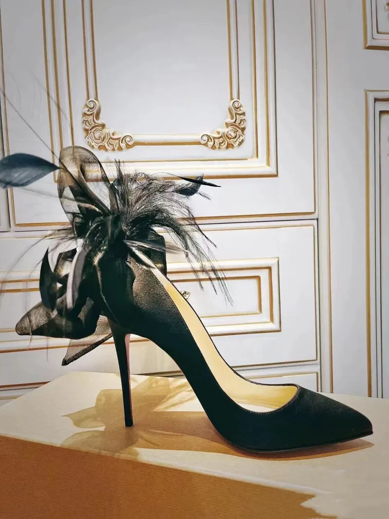 

Qianruiti Роскошные туфли на шпильке с острым носком с перьями на спине и большим бантом-бабочкой на высоком каблуке женские весенние туфли-лодочки новые стильные свадебные туфли