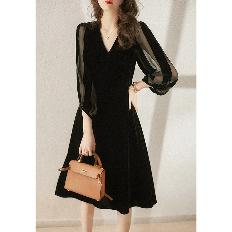 High Luxury Silk Velvet Dress Silk Little Black Dress 2023 Spring/Summer New Women's Black Dress Mulberry Silk Dress