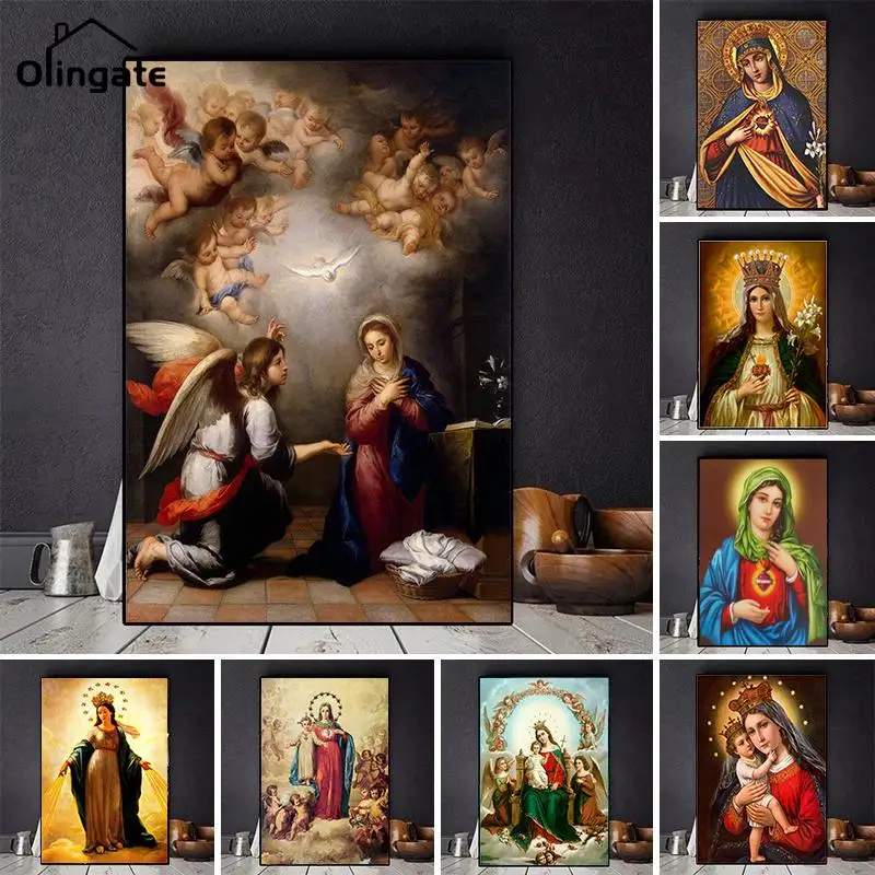 

Retro Portrait Canvas Painting Virgin Mary and Children Poster Catholic Wall Art Prints for Living Room Decoration Unframed