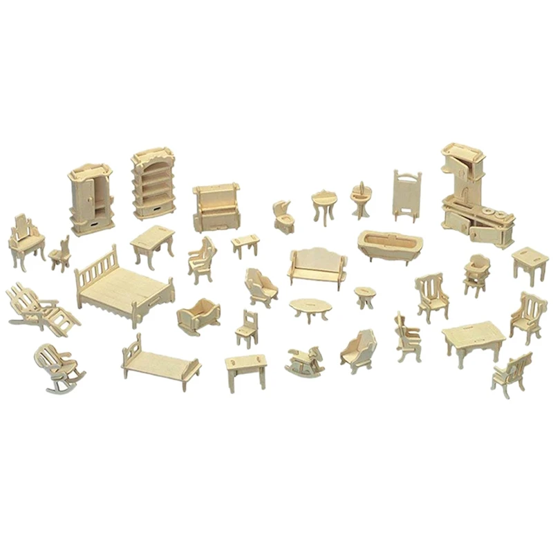 

Wooden 3D Jigsaw Puzzle DIY Scale Miniature Models Doll House Dollhouse Furnitures Set Accessories