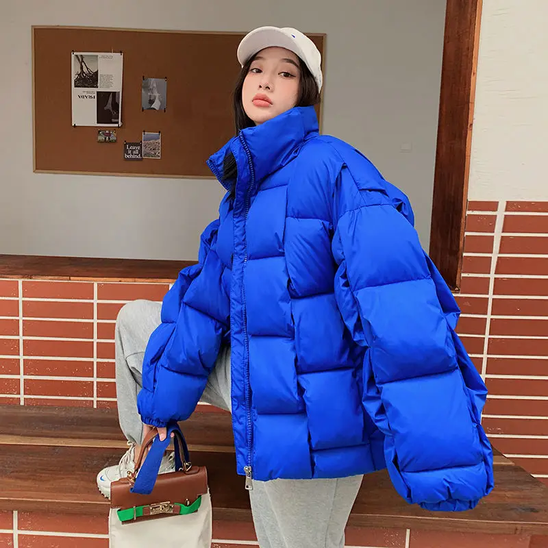 Winter Oversize Cotton Padded Coats Women Korean Loose Soild Thick Warm Zippers Weave Parkas Jacket Casual Street Outwear Ladies