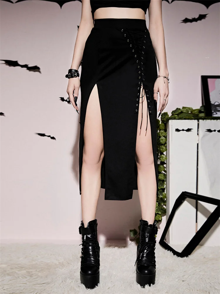 

Gothic Lace Up High Split Split Skirt Emo Elegant Long Skirts Women Steampunk Kawaii New Style Spring Summer 2022 Vintage Skirt