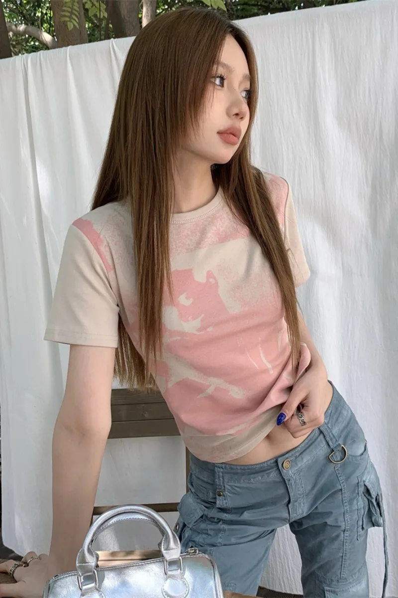 

Vintage Irregular Print High Street Fashion Tees Summer O Neck Short Sleeve Camisetas Slim Fit Women Korean Y2k Tshirts