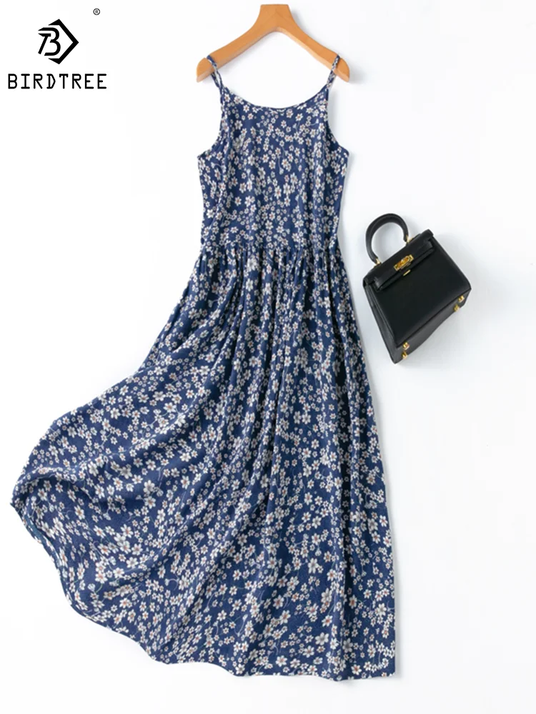 

Birdtree 16Mm 100%Real Silk Flower Literary Style Dress Women O-neck Big Hem Vacation Spaghetti Strap Long Dress Summer D37744QM