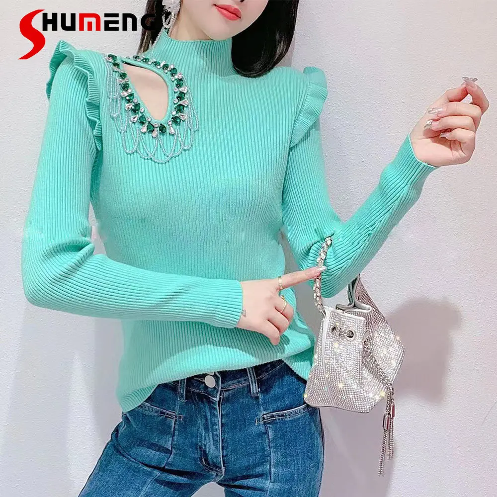 

Autumn New Korean Style Fashion Sweet Knitwear Top Women's Fairy Rhinestone Tassel Long Sleeve Slim Fit Half Turtleneck T-shirt