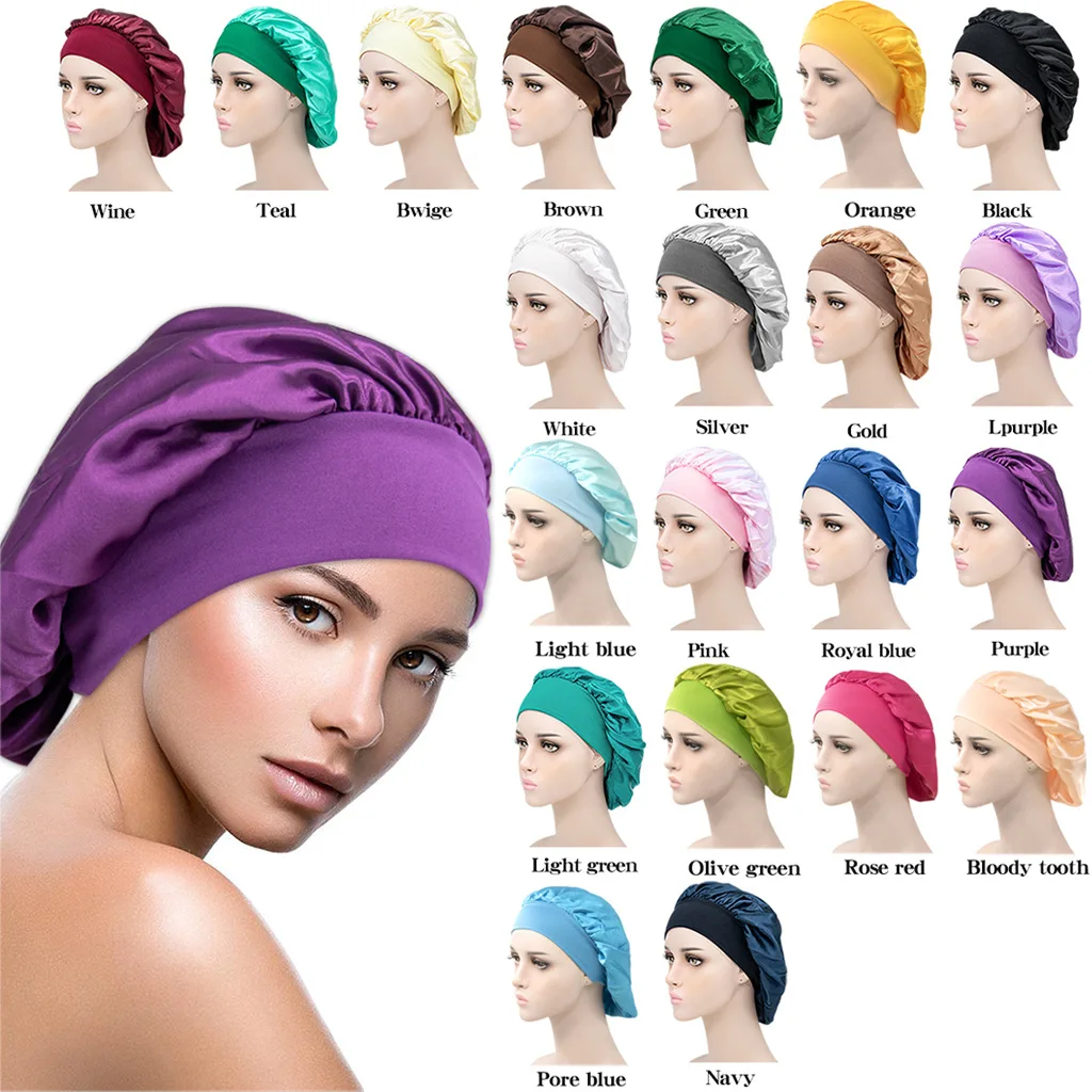 

Fashion Women's Satin Solid Sleep Cap Hair Care Bonnet Silk Headwrap Floral Print Wide Elastic Band Curly Springy Nightcap