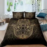 Hamsa Hand Duvet Cover Set King/Queen Size,Golden Lucky Hand of Fatima Print Bohemian Women Black Gold Bedding Set 2 Pillowcases