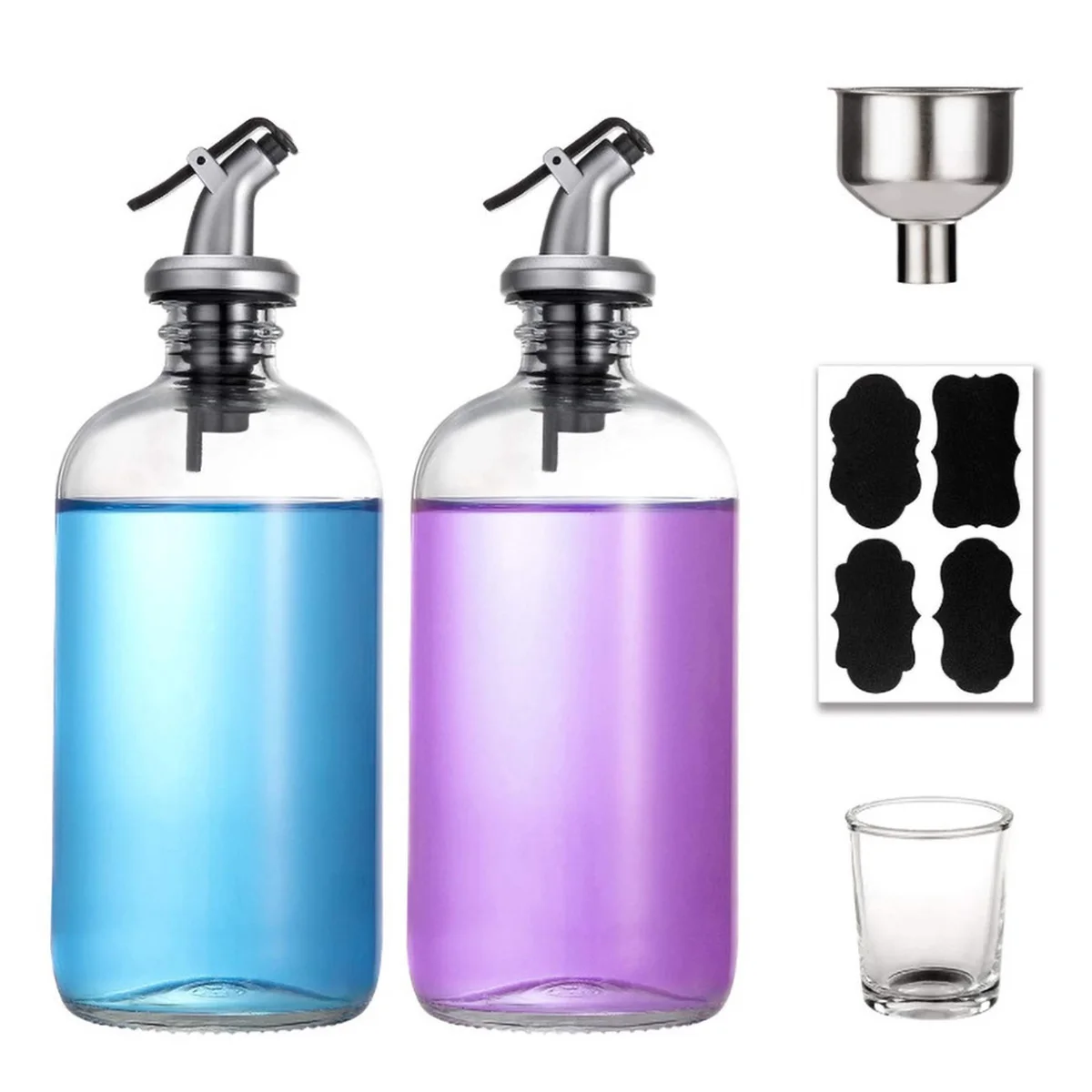 

16oz Glass Mouthwash Dispenser 2 Pack Clear Mouthwash Decanter with Pour Spout Funnel and Labels Reusable Mouthwash Bottles