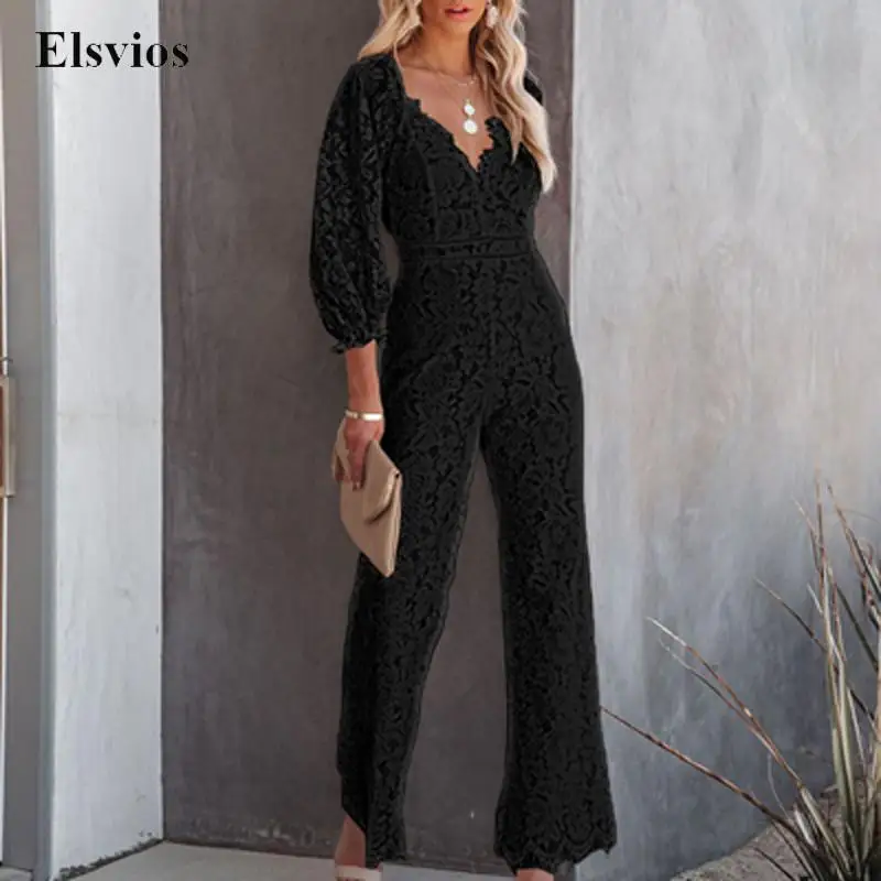 

Elegant Deep V Neck Embroidery Lace Jumpsuits Women Fashion Solid Party Bodycon Romper Casual Long Sleeve Lady Overalls Playsuit