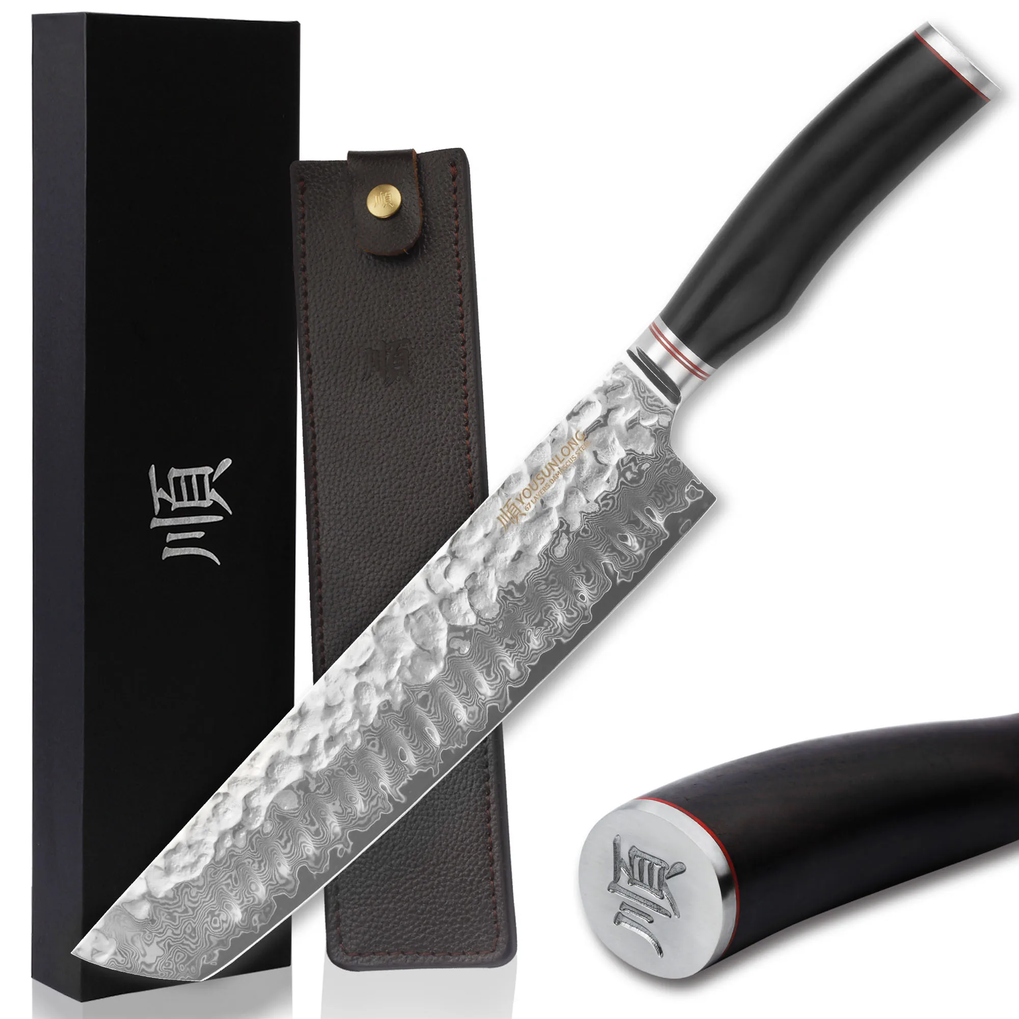 

YOUSUNLONG Tanto Chef Knife 10 Inch Japanese Damascus Steel - Natural Leadwood Handle with Leather Sheath