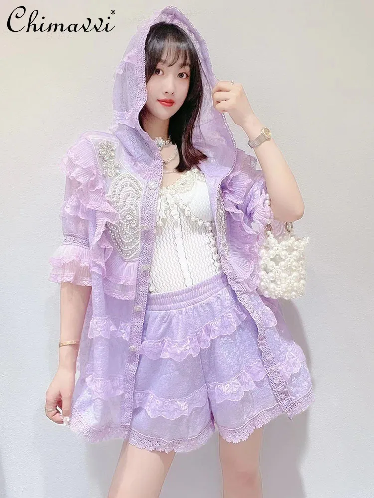 

Fashion Two-piece Set Women 2022 Summer Clothes New Heavy Beads Lace Stitching Hooded Sunscreen Shirts Shorts Elegant Twinset