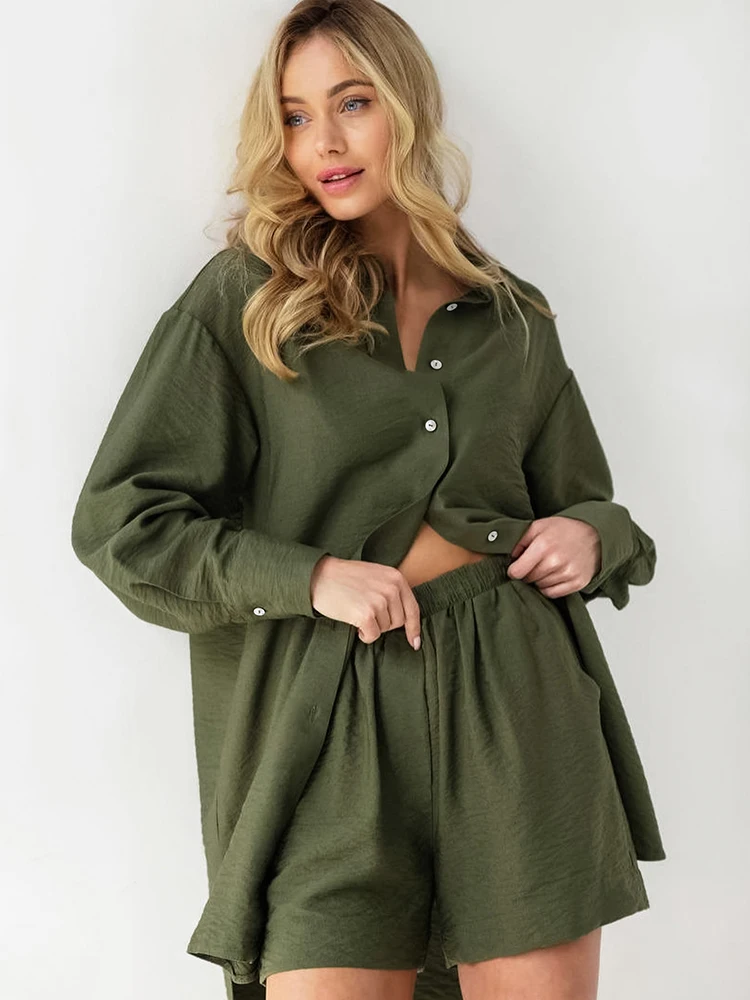 

Hiloc Blue Long Sleeve Women's Pajamas Set Green Single-Breasted Sleepwear Women Sets Turn Down Collar Solid Loungewear 2023