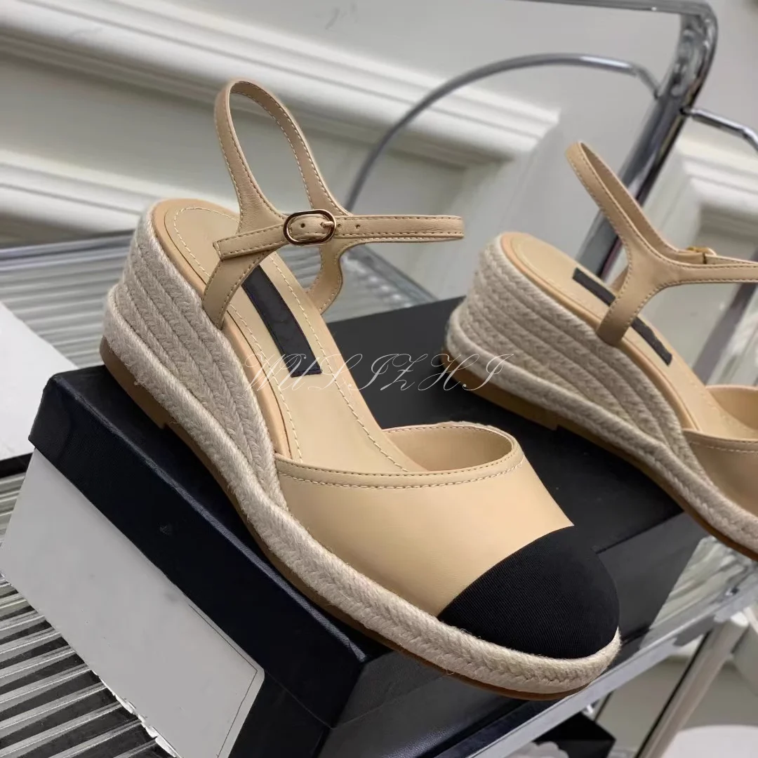 Apricot Wedge Bucket Shoes Leather Suede Black Espadarille Women Braided Round Cover Heel Casual Mixed Colors Sandal Buckle Shoe