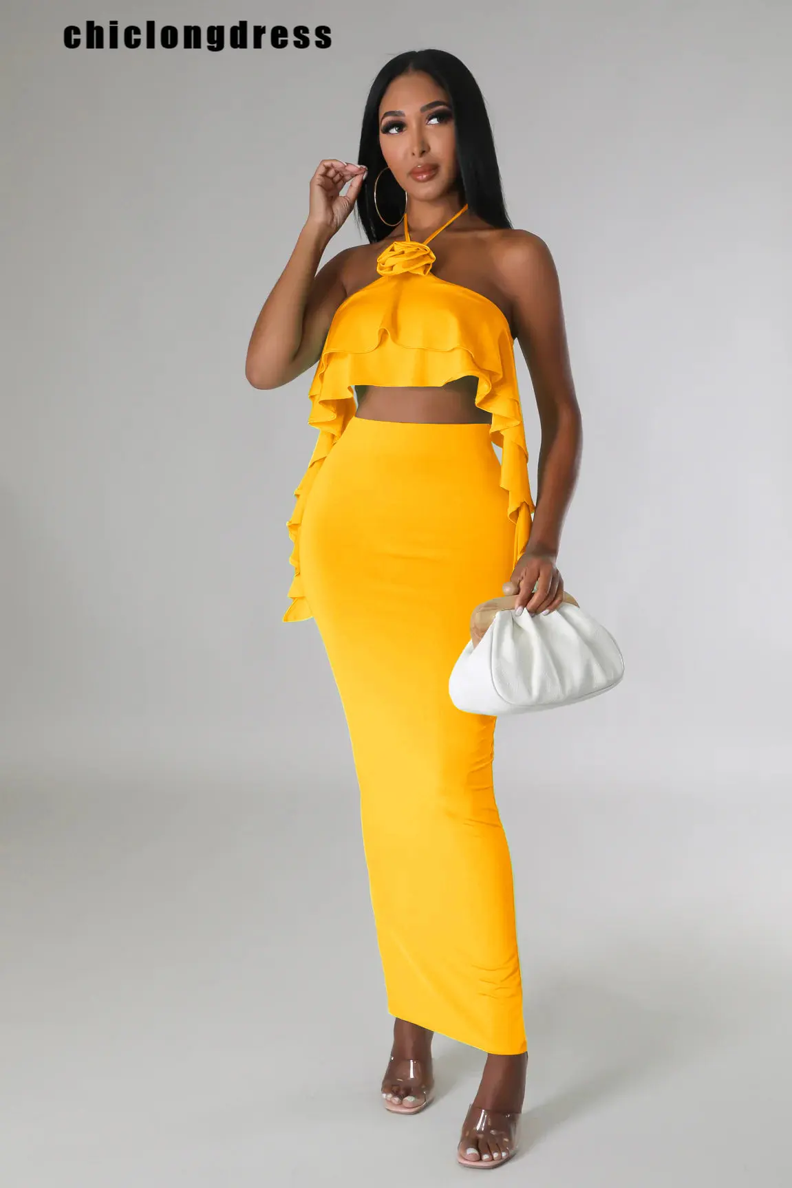 

Summer Sexy Elastic Two Piece Set Women Fashion Solid Rose Halter Tank Top Tight Skirt Two Piece Set Women