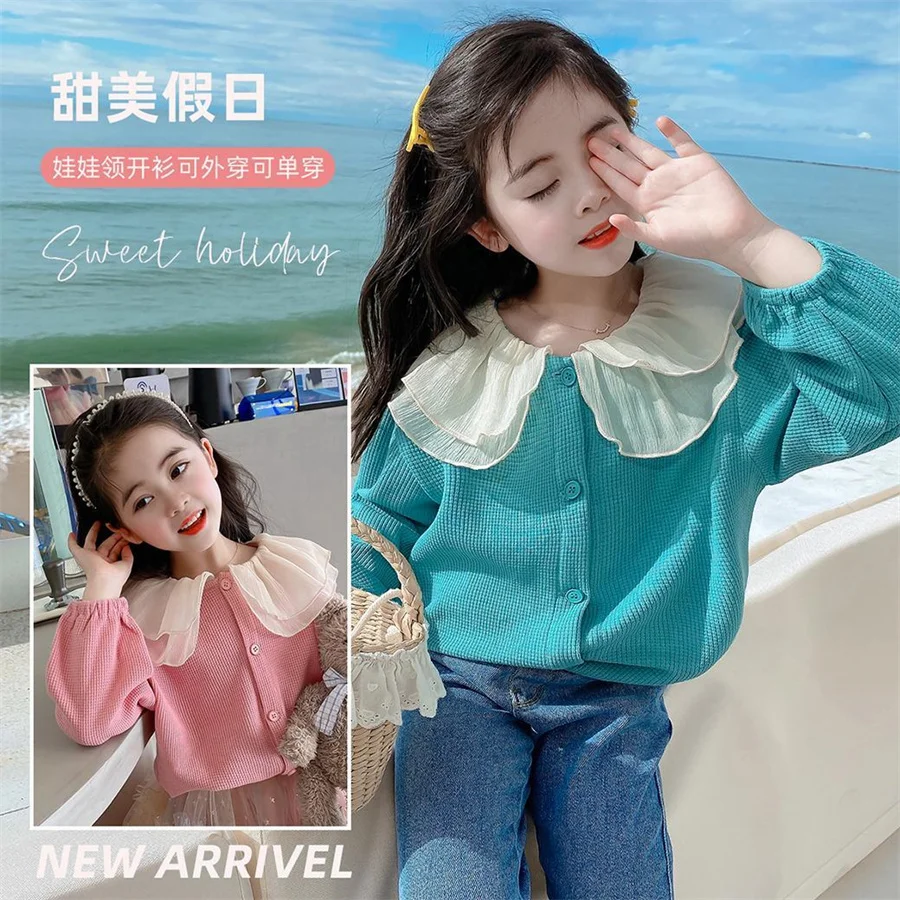 

Girls Baby Shirt 2022 Spring New Cute bule and Pink Stitching Korean Children Design Top 2-10T