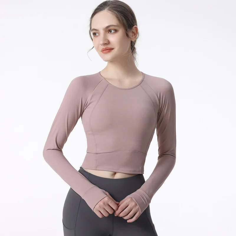 

lululemoni Yoga Top Women Long Sleeved Running Training with Chest Pad Quick Drying Clothes Exposed Navel Tight Fitness