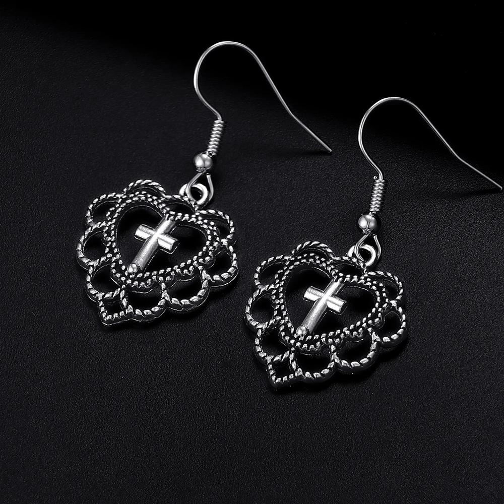 

Trendy Vintage Cross Heart Shape Dangle Antique Silver Plated Earrings for Women and Man Retro Cute Punk Drop Earrings Jewelry