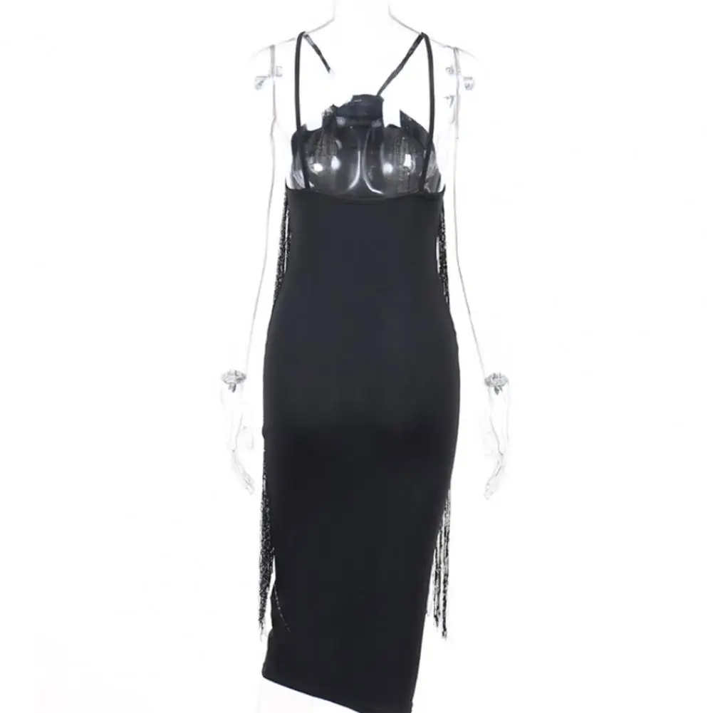 

Облегающее шикарное пикантное женское блестящее платье-карандаш с бахромой и лямкой на шее эластичное пикантное платье Женская одежда с от...