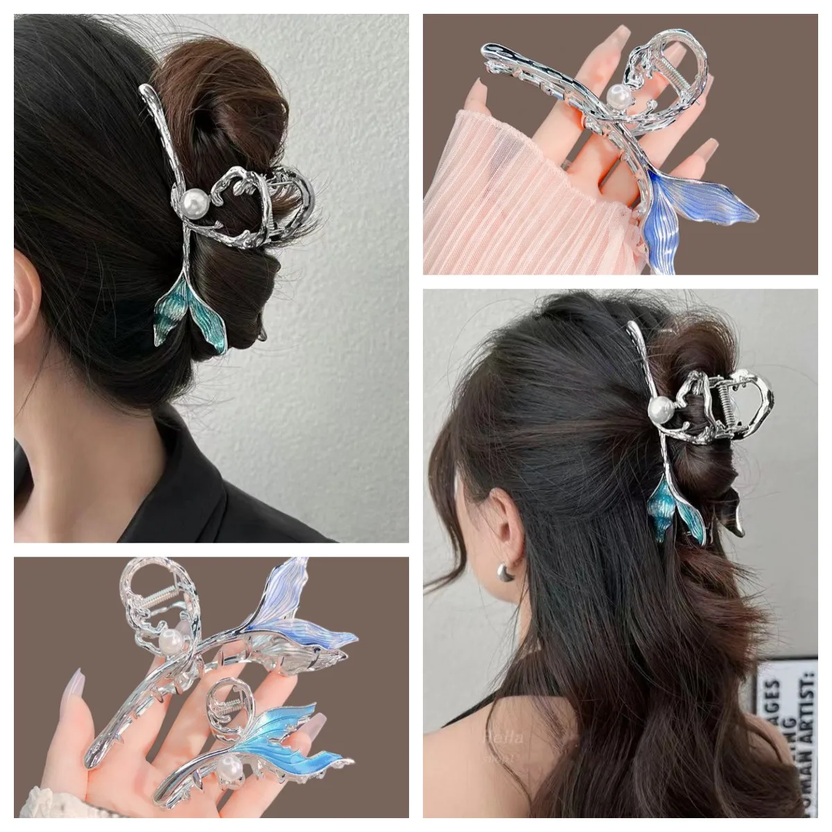 

Deep Sea Mermaid Temperament Hair Catcher On The Back Of The Head, Large And Small Pearl Fish Tail Claw Clip Hairpin Headgear