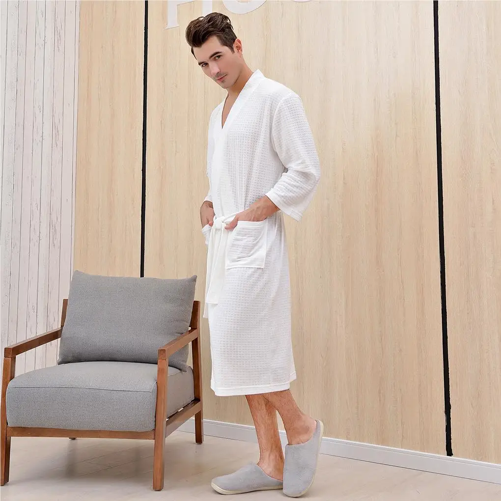 

Bath Robe White Kimono Waffle Polyester with Side Pockets Bath Cape Cloak Robe Towel Poncho for Man Woman Bath Hot Spring SPA