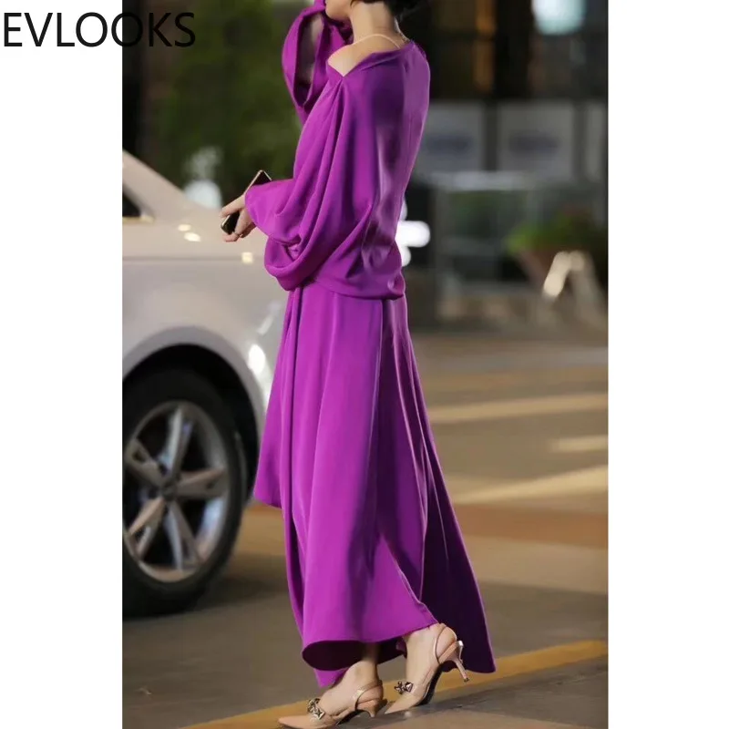 

Woman Dress Lanter Sleeve Loose Asymmetrical Design Elegant Purple Solid Slash Neck Ruffled Dresses 2022 New Autumn