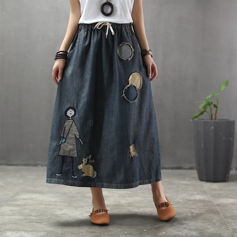 

Cartoon Embroidery Denim Skirts Women Vintage Art Ripped Oversized Female Elastic High Waist Long Maxi Jeans Skirt
